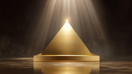 A stunning golden pyramid structure illuminated by dramatic light creates an atmosphere of luxury and mystery, perfect for themes of wealth and ancient history.の素材