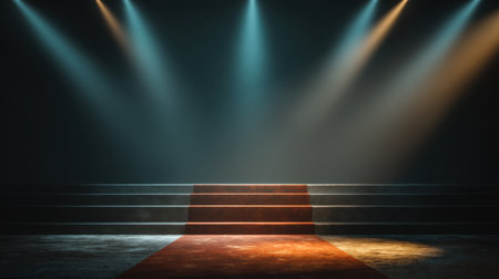 This image showcases a dramatic stage adorned with a red carpet under bright spotlight lighting, perfect for events, performances, or creative presentations in a moody setting.の素材