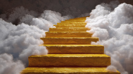 A stunning image of a golden staircase leading upwards through soft, fluffy clouds evokes feelings of aspiration, peace, and ethereal beauty in a dreamlike setting.の素材
