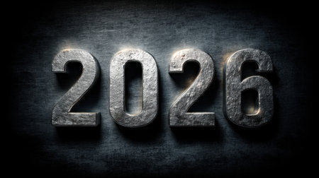 An artistic representation of the year 2026 featuring metallic numbers with a textured surface, highlighted by dramatic lighting against a dark background.の素材