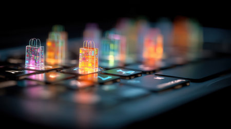 This image features a futuristic digital shopping concept, showcasing brightly colored shopping bags on a keyboard, symbolizing the growth of online retail and e-commerce.の素材