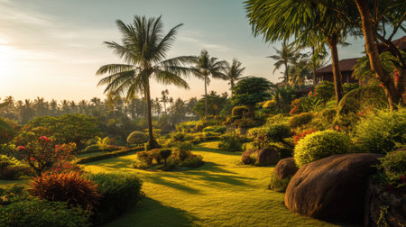 Discover a tranquil tropical garden at sunset, featuring lush palm trees and vibrant flowers. This serene landscape showcases the beauty of nature in a peaceful atmosphere.の素材