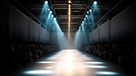 A captivating fashion show runway features dramatic lighting and empty seats, setting the stage for an unforgettable experience of style and elegance.の素材