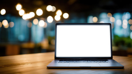 A modern laptop with a blank screen sits on a wooden table, surrounded by stylish interior decor and soft bokeh lighting, perfect for creative projects and presentations.の素材