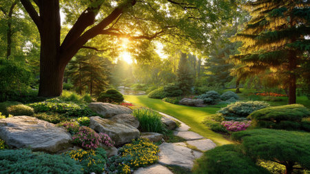 Discover a serene garden pathway filled with vibrant flowers and lush greenery. The warm sunlight filters through towering trees, creating a peaceful natural setting.の素材