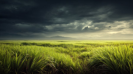 A captivating landscape showcases a lush green grassland under a dramatic cloudy sky. The soft golden light of sunset accentuates the serene beauty of nature.の素材