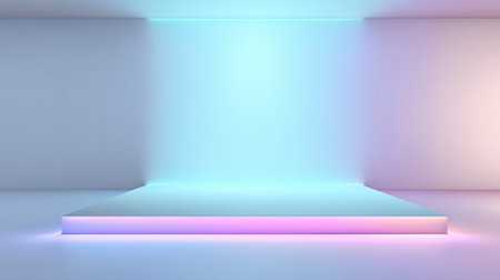 A modern minimalist studio space featuring a softly illuminated platform with gradient color lighting, perfect for showcasing artistic creations or presentations.の素材