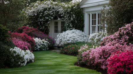 This stunning garden showcases a path flanked by colorful azaleas and vibrant blooms leading to a charming white house, creating a tranquil spring oasis.の素材