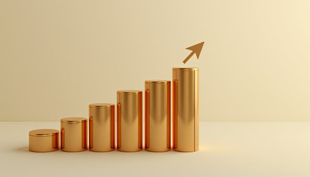 A stunning representation of growth in finance, this gold bar graph illustrates an upward trend with a sleek design. Perfect for business presentations.の素材