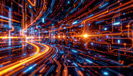 This abstract digital background features glowing lines and circuits that create a dynamic and vibrant visual experience, symbolizing technology and innovation.の素材