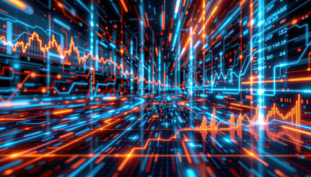 This stunning abstract image showcases a vibrant data visualization with bright lines and charts, set in a futuristic digital environment, emphasizing motion and technology.の素材