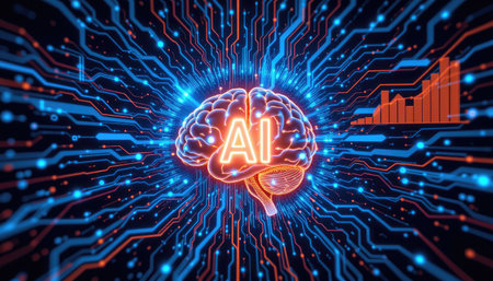 This high-tech image features a glowing brain symbolizing artificial intelligence amid vibrant data circuits, representing innovation and technological progress.の素材