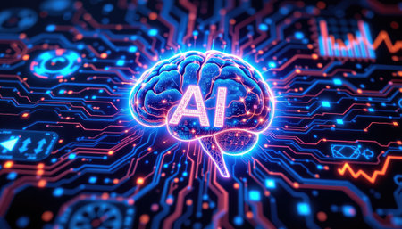 This vibrant image features a glowing brain at the center, surrounded by intricate digital circuits, symbolizing the concept of artificial intelligence in modern technology.の素材