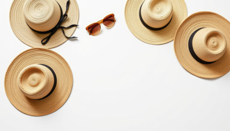 This image features a variety of stylish straw hats alongside vibrant sunglasses, set against a clean white background, ideal for summer themes.の素材