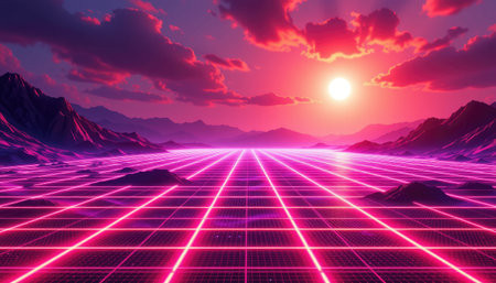 A stunning futuristic landscape showcasing a glowing grid pattern and vibrant colors under a dramatic sunset sky with striking clouds and mountains.の素材