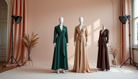 A stunning fashion display featuring three elegant dresses on mannequins against a soft pink backdrop, highlighting modern design and chic styling.の素材