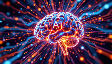 A vibrant digital representation of a brain embodying the concept of artificial intelligence, surrounded by dynamic data flow. Ideal for technology themes.の素材