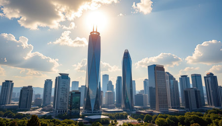 A breathtaking view of a vibrant urban skyline featuring sleek skyscrapers and a beautiful sun setting behind, showcasing modern architecture in a dynamic landscape.の素材
