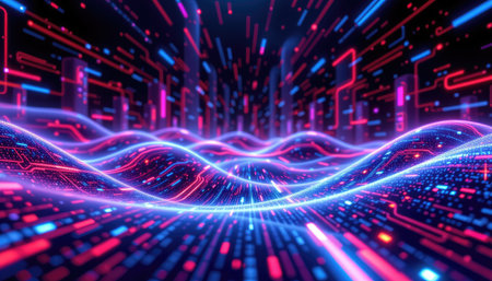 This vibrant digital artwork features waves of neon light and data connections, representing a futuristic cyber landscape. Ideal for technology themes.の素材