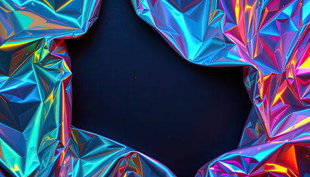 A vibrant and shiny foil with dramatic wrinkles and reflective hues surrounds a dark center space, ideal for creative projects and artistic designs.の素材