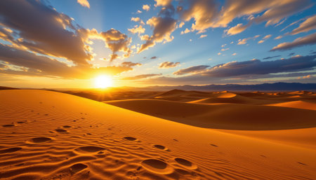The image captures a stunning sunrise over tranquil sand dunes in a desert, showcasing vibrant colors in the sky and gentle shadows on the warm, golden sand.の素材