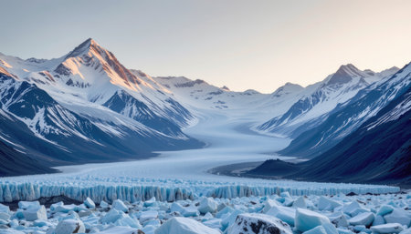 Breathtaking view of a glacial valley surrounded by towering mountains, showcasing a serene environment with icy formations and a clear sky at sunset.の素材