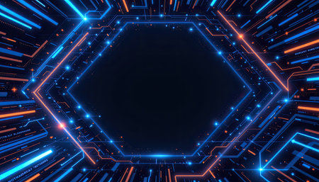 An abstract technology background featuring a hexagonal shape illuminated by blue and orange neon lights, creating a dynamic and futuristic atmosphere.の素材