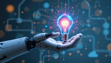 A robotic hand elegantly holds a vibrant light bulb, symbolizing innovation and creativity. This image captures the merging of technology and human potential in a digital landscape.の素材