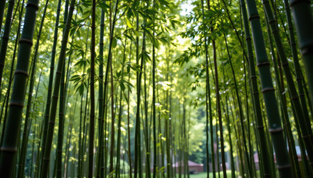 A serene view of a bamboo forest where sunlight gently filters through the tall green stalks, creating a peaceful atmosphere amidst lush foliage.の素材