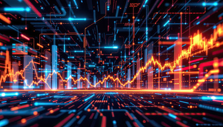 A vibrant abstract digital technology background features a growing graph intertwined with glowing data streams. Ideal for finance, analysis, and innovation themes.の素材