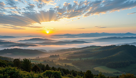 This stunning landscape captures a serene sunrise over rolling mountains, surrounded by misty valleys and dramatic clouds in the sky, creating a tranquil atmosphere.の素材