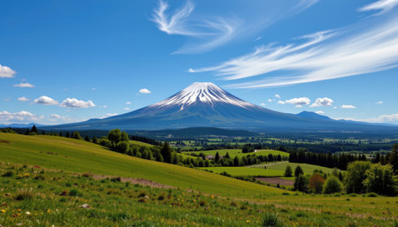 A breathtaking view of Mount Fuji, standing tall with its snow-capped peak, framed by a vibrant green landscape and a clear blue sky dotted with clouds.の素材