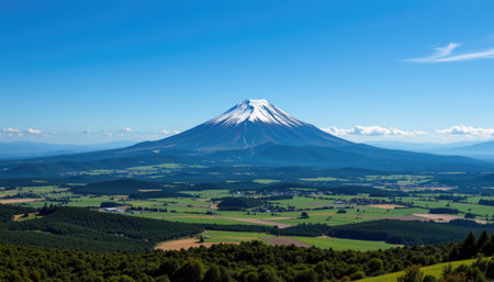 Stunning panoramic view of a snow-capped mountain beneath a clear blue sky, showcasing the lush green landscapes and tranquil valleys below, ideal for nature lovers.の素材