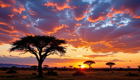 Experience the beauty of an African sunset illuminating the savannah, with striking clouds and silhouetted acacia trees against the vibrant sky.の素材
