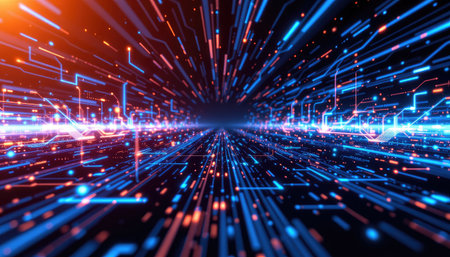 This abstract digital background features vibrant light trails in blue and orange, creating a sense of speed and movement. Ideal for technology themes.の素材