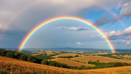 A stunning view of a rainbow gracefully spanning across rolling hills and lush green fields, highlighting the beauty of nature under a dynamic sky.の素材