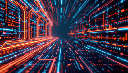 This captivating image features a vibrant abstract digital tunnel filled with bright blue and orange lines, representing fast-paced data flow and technology.の素材