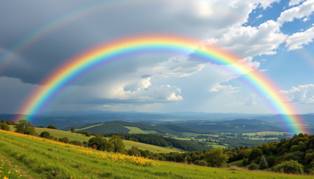 A breathtaking view of a vibrant rainbow spanning a lush green valley under a dramatic sky filled with fluffy clouds. The scene captures the beauty of nature, tranquility, and the refreshing atmosphere after rain in a picturesque landscape.の素材