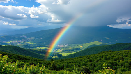 A breathtaking view featuring a vibrant rainbow arching over a lush green mountain landscape under a dramatic sky, perfect for nature enthusiasts.の素材