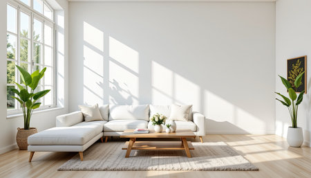 A modern living room bathed in sunlight showcases a stylish sofa, wooden coffee table, and vibrant indoor plants, creating a tranquil and inviting space.の素材
