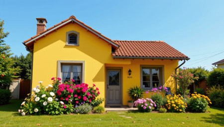 A beautiful yellow house is adorned with vibrant flowers, creating a picturesque scene. The sunny atmosphere enhances the inviting charm of this cozy home.の素材