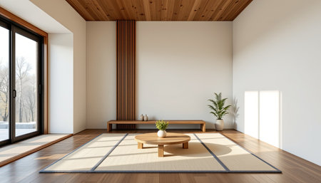 A serene and airy minimalist interior showcases wooden furniture, a round tabletop, and natural light filtering through large windows, creating an inviting atmosphere.の素材