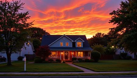 Experience the beauty of a tranquil suburb with a charming house enveloped in warm light. The stunning sunset sky creates a vibrant atmosphere, enhancing the serene scene.の素材