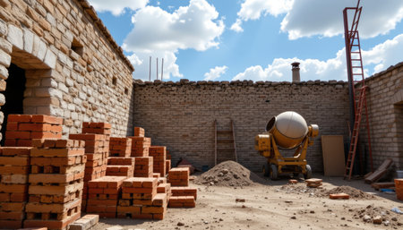 A vibrant construction site filled with stacks of bricks and a concrete mixer, bathed in sunlight under a blue sky, showcasing the building process.の素材