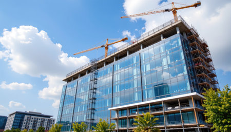 A modern construction site showcases a glass building under development, with cranes working against a bright blue sky filled with fluffy clouds, emphasizing urban growth.の素材