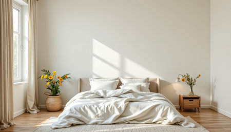 This image showcases a cozy modern bedroom featuring plush bedding, stylish decor, and vibrant plants bathed in soft natural light, creating a serene ambiance.の素材