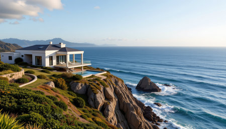 A stunning coastal home perched on a rocky cliff, offering breathtaking views of the vibrant ocean waves and a serene sunset backdrop. Perfect for relaxation.の素材