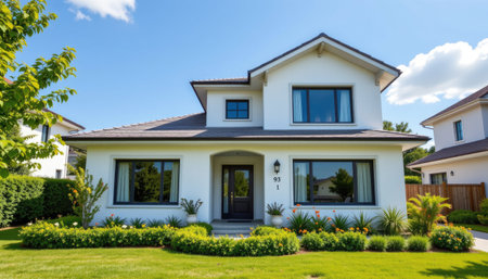 This image showcases a modern white house featuring large windows and lush green landscaping, set in a sunny suburban neighborhood.の素材