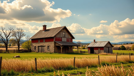 A stunning farmhouse nestled in lush green fields under a sky filled with dramatic clouds, showcasing the beauty of rural life and nature's tranquility.の素材