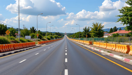 A vast and empty highway stretches into the distance, flanked by lush greenery and vibrant trees under a bright blue sky adorned with fluffy clouds.の素材